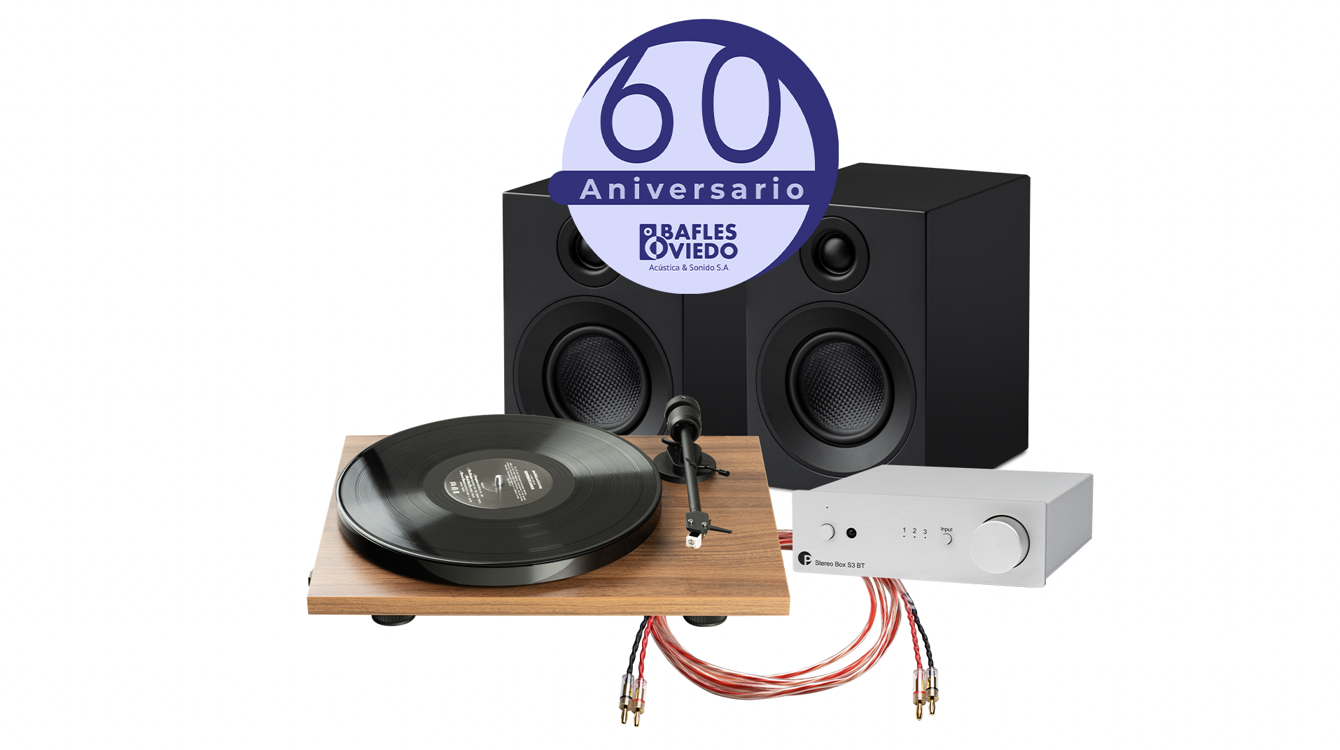 Combo 2 60 Aniversario Bafles Oviedo Costa Rica, descuentos, promoción, oferta, altavoces, parlantes, amplificador, streaming, bluetooth, cables, tocadiscos, tornamesas, vinilos