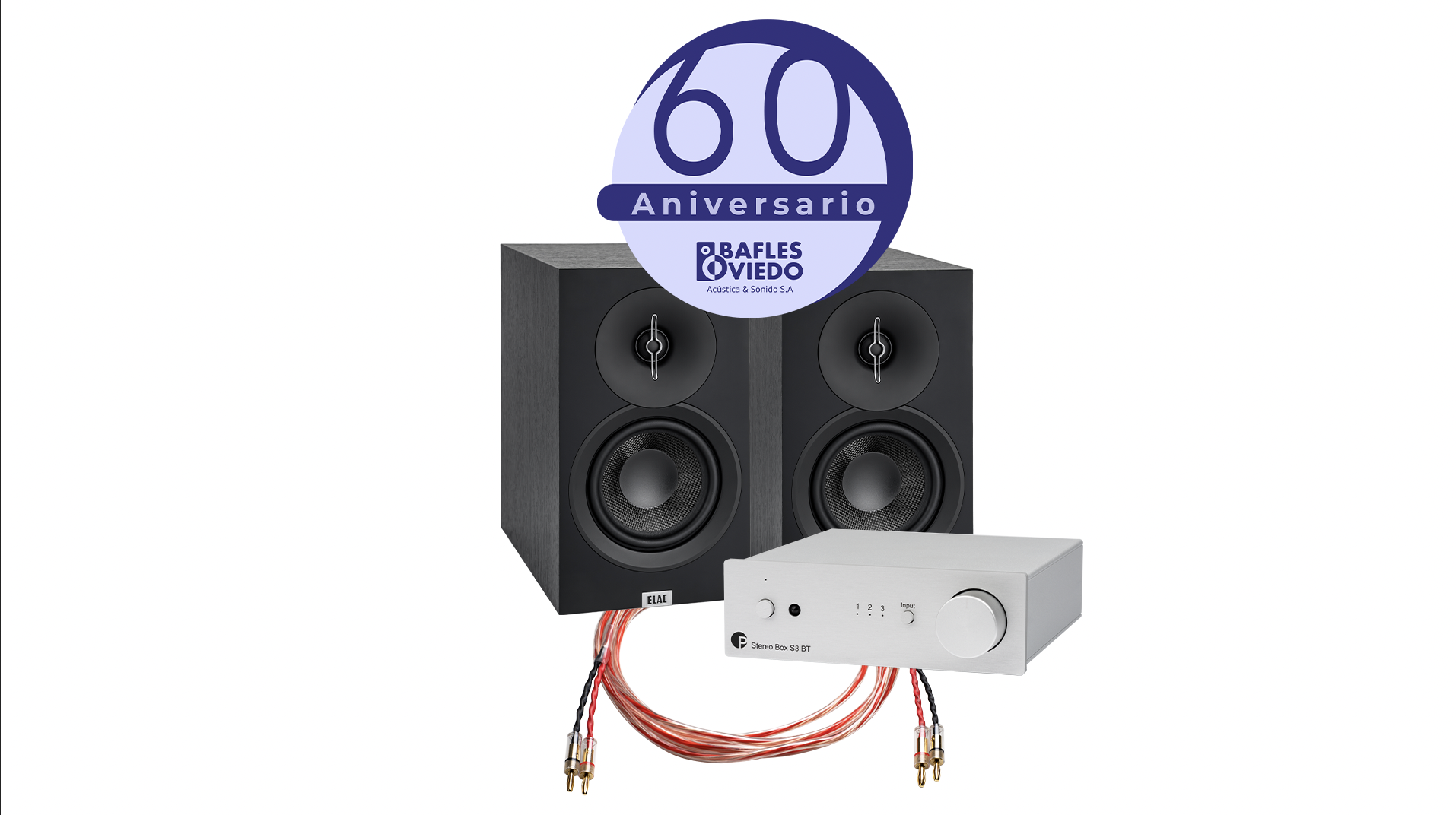 Combo 3 60 Aniversario Bafles Oviedo Costa Rica, descuentos, promoción, oferta, altavoces, parlantes, amplificador, streaming, bluetooth, cables, tocadiscos, tornamesas, vinilos