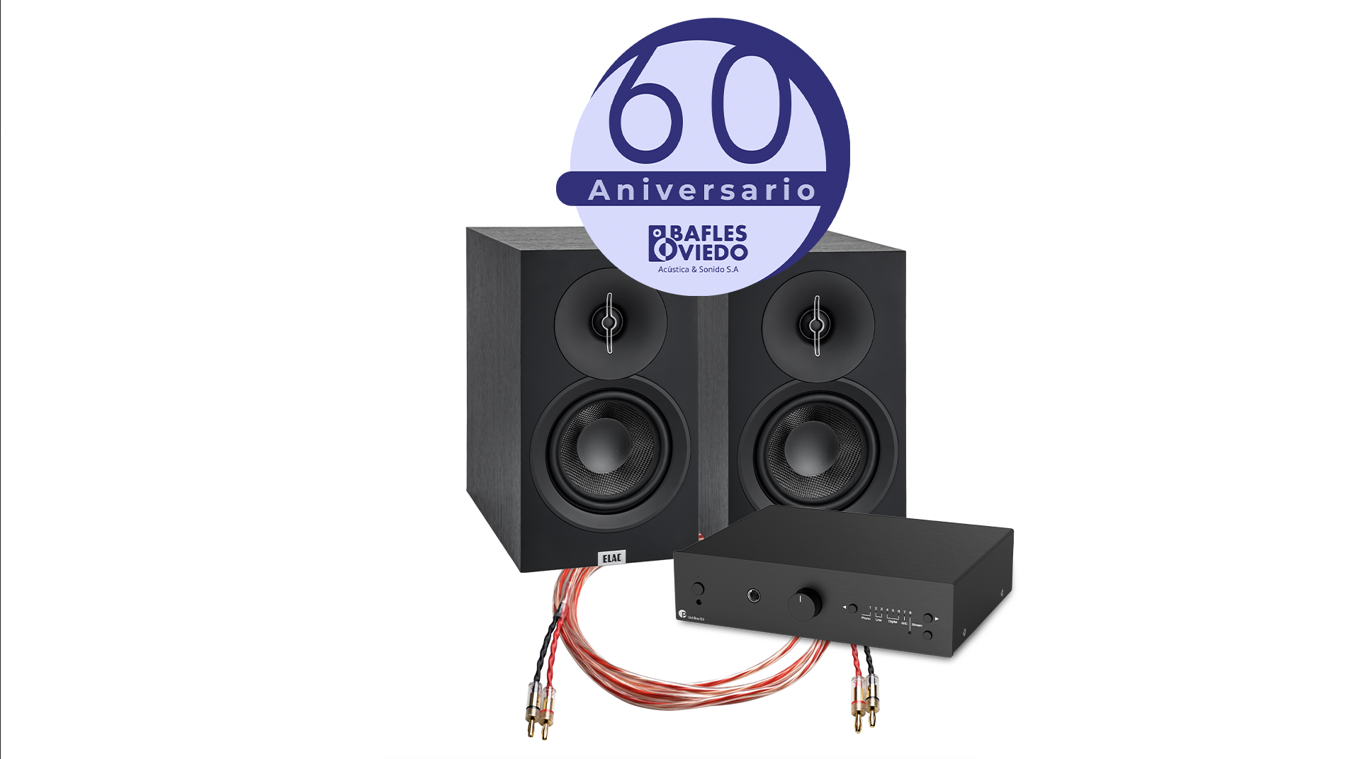 Combo 5 60 Aniversario Bafles Oviedo Costa Rica, descuentos, promoción, oferta, altavoces, parlantes, amplificador, streaming, bluetooth, cables, tocadiscos, tornamesas, vinilos